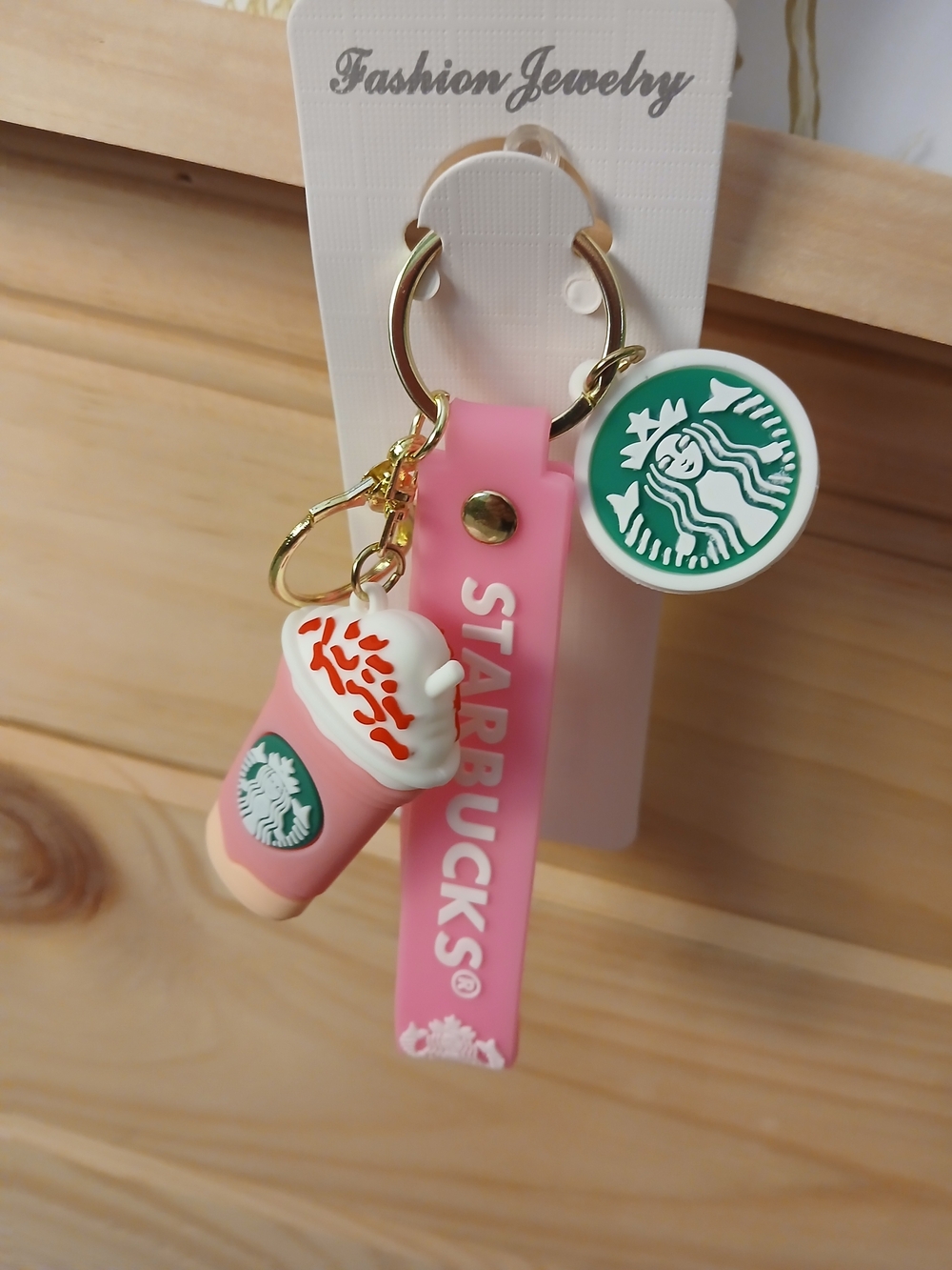 Starbucks Pink Silicone Cup Charm Keychain with Green Logo Disc